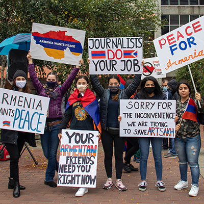 Pogosian (left) at a protest she organized to support Armenia. Pogosian chairs the Armenian Church Youth Organization, a non-profit dedicated to uniting Armenian young adults in Washington.