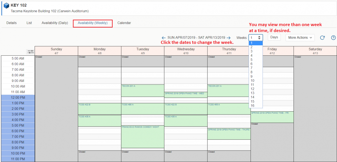 pro location availability weekly view