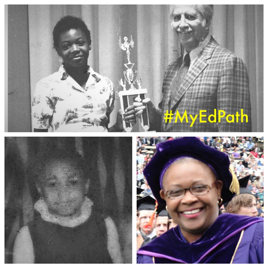 Montage of three photos of UW Tacoma Chancellor Sheila Edwards Lange: receiving academic recognition in California (top); Head Start portrait (lower left); graduating from UW