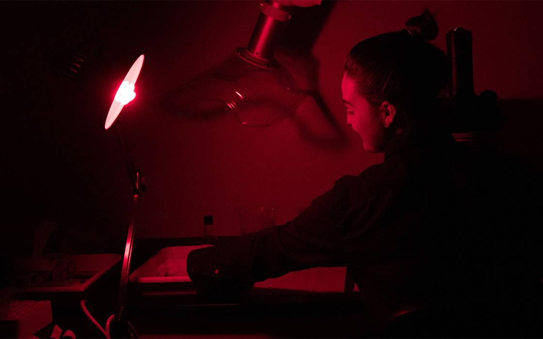 UW Tacoma student Caitlyn McFarland using an epi-fluorescent research microscope.