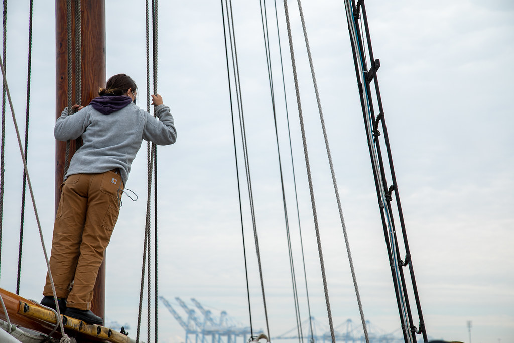 Adventuress crew Emrys keeping watch for vessel traffic on Commencement Bay