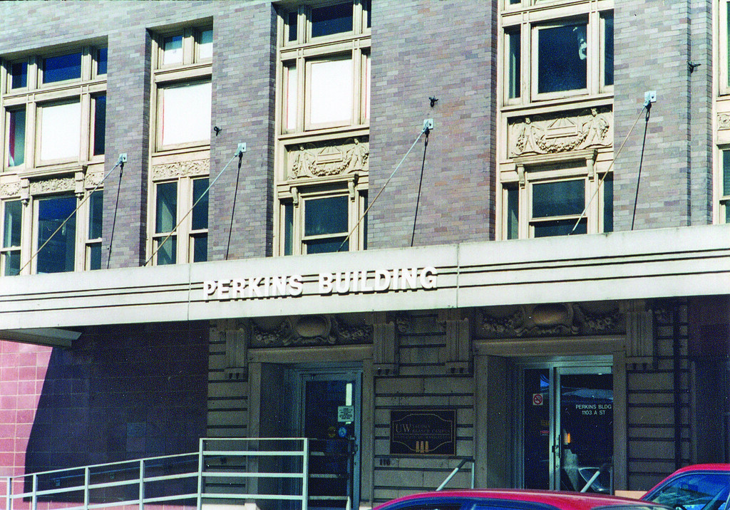 Awning over entrance to Perkins Building, original location of University of Washington Tacoma