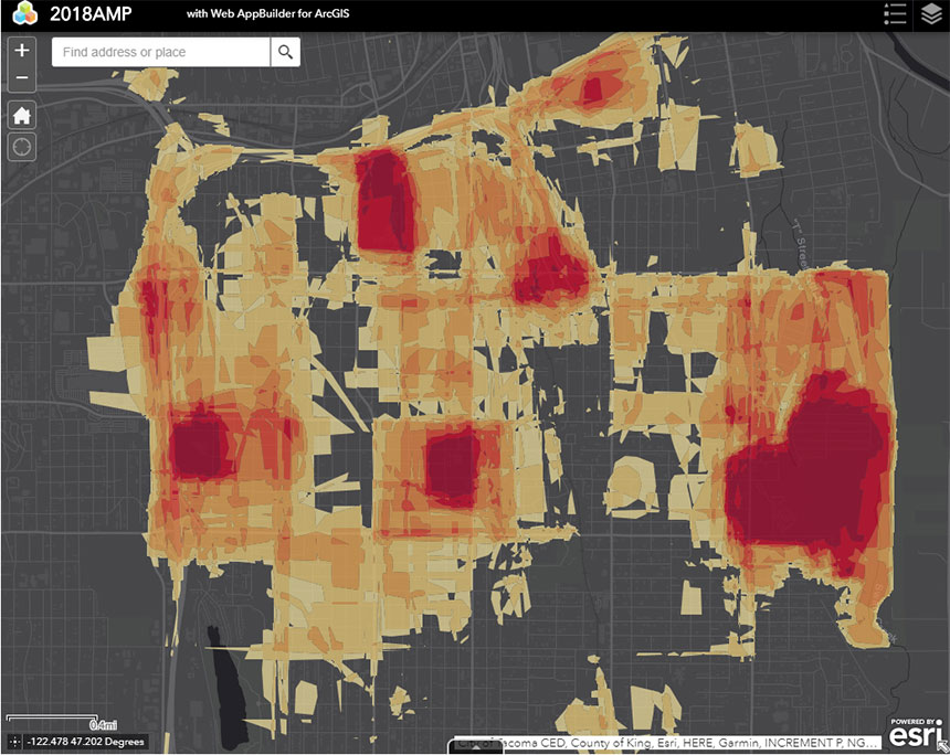 Heat map showing areas color-coded from pale yellow through bright red.