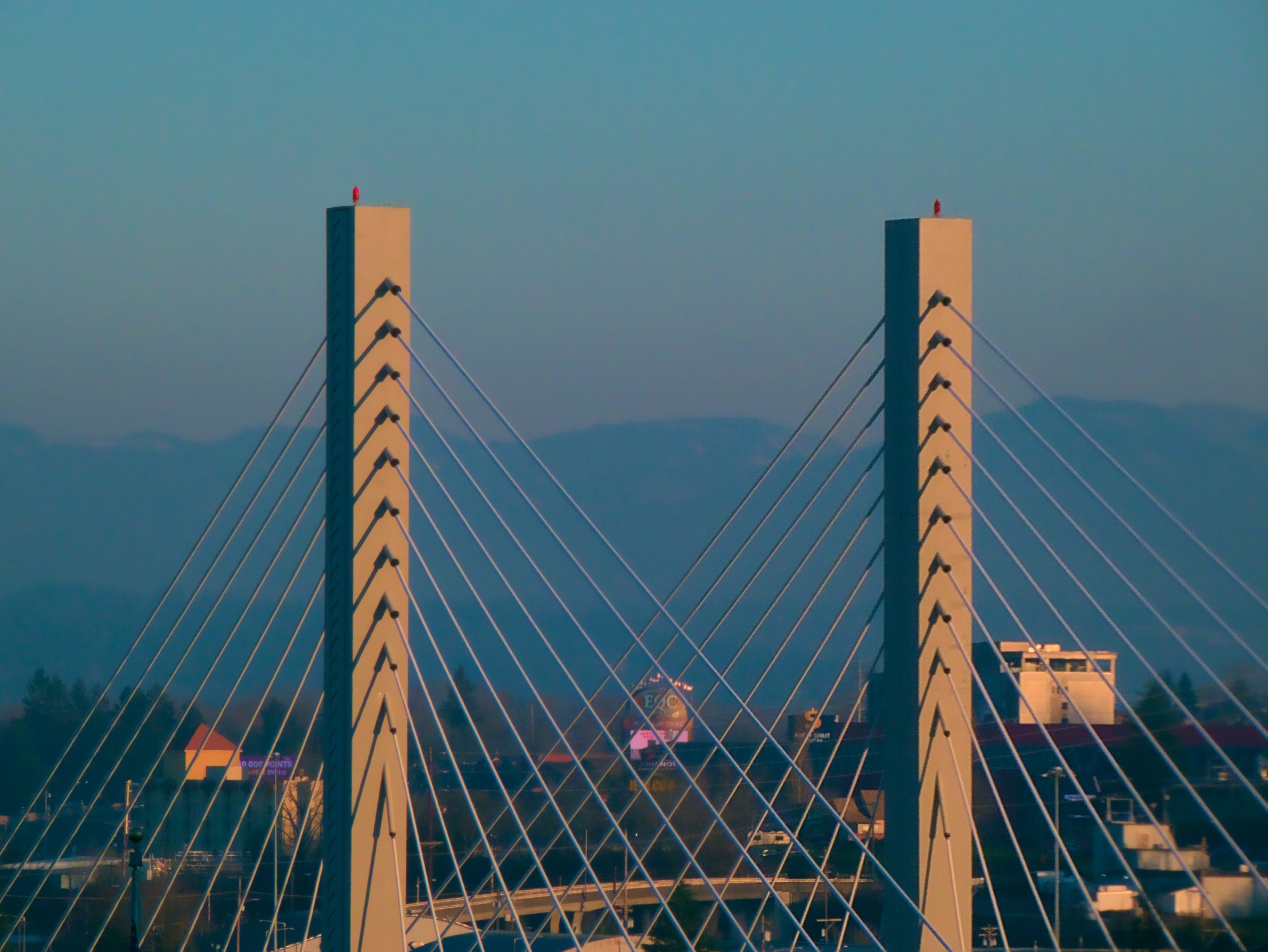 PICTURED: A photograph of the columns and suspension cables supporting the East 21st Street bridge in Tacoma.