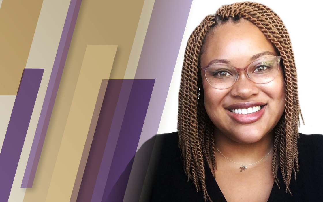 Headshot of UW Tacoma alumna Nadia Caldwell. On the left are gold and purple stripes. Caldwell has long blonde hair and is wearing glasses. She is wearing a dark colored shirt.