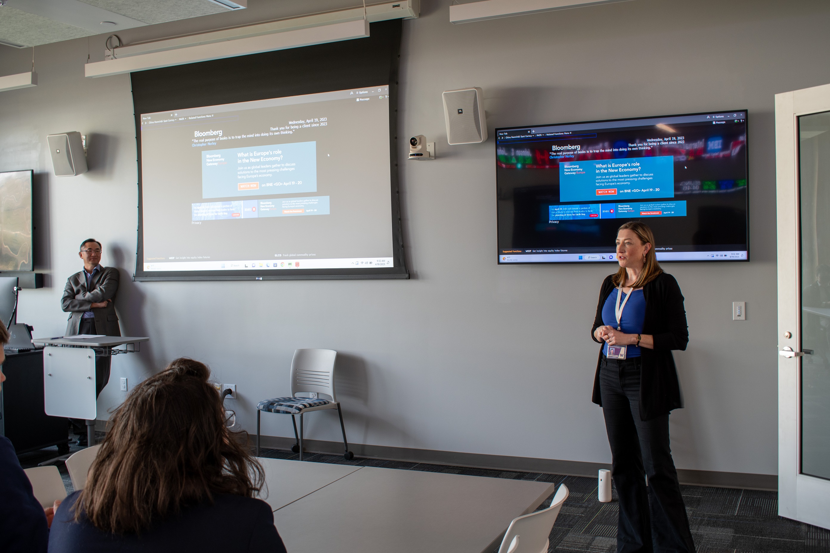 Sally Schwartz gives an opening for a class inside the Financial Wellness Lab