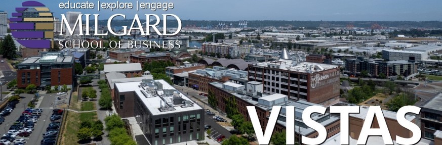 Aerial Drone shot with Milgard Logo and VISTAS title. Drone shot of UWT campus and waterfront.