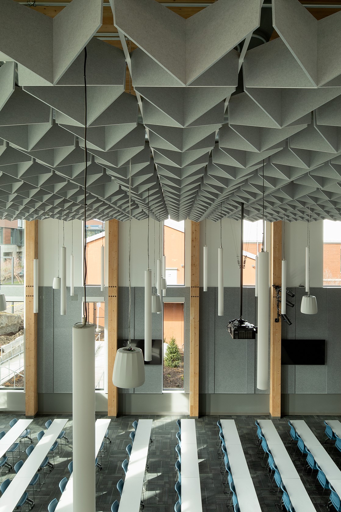 View of classroom seating and sound padding from high angle