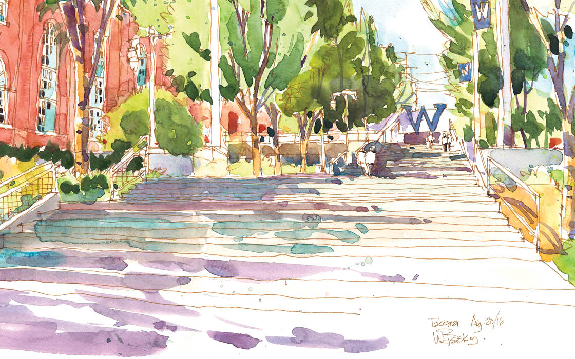 Watercolor illustration of UW Tacoma grand staircase