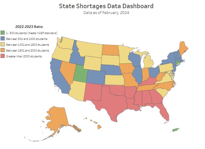 Map of United States showing states color-coded for shortages of school psychologists