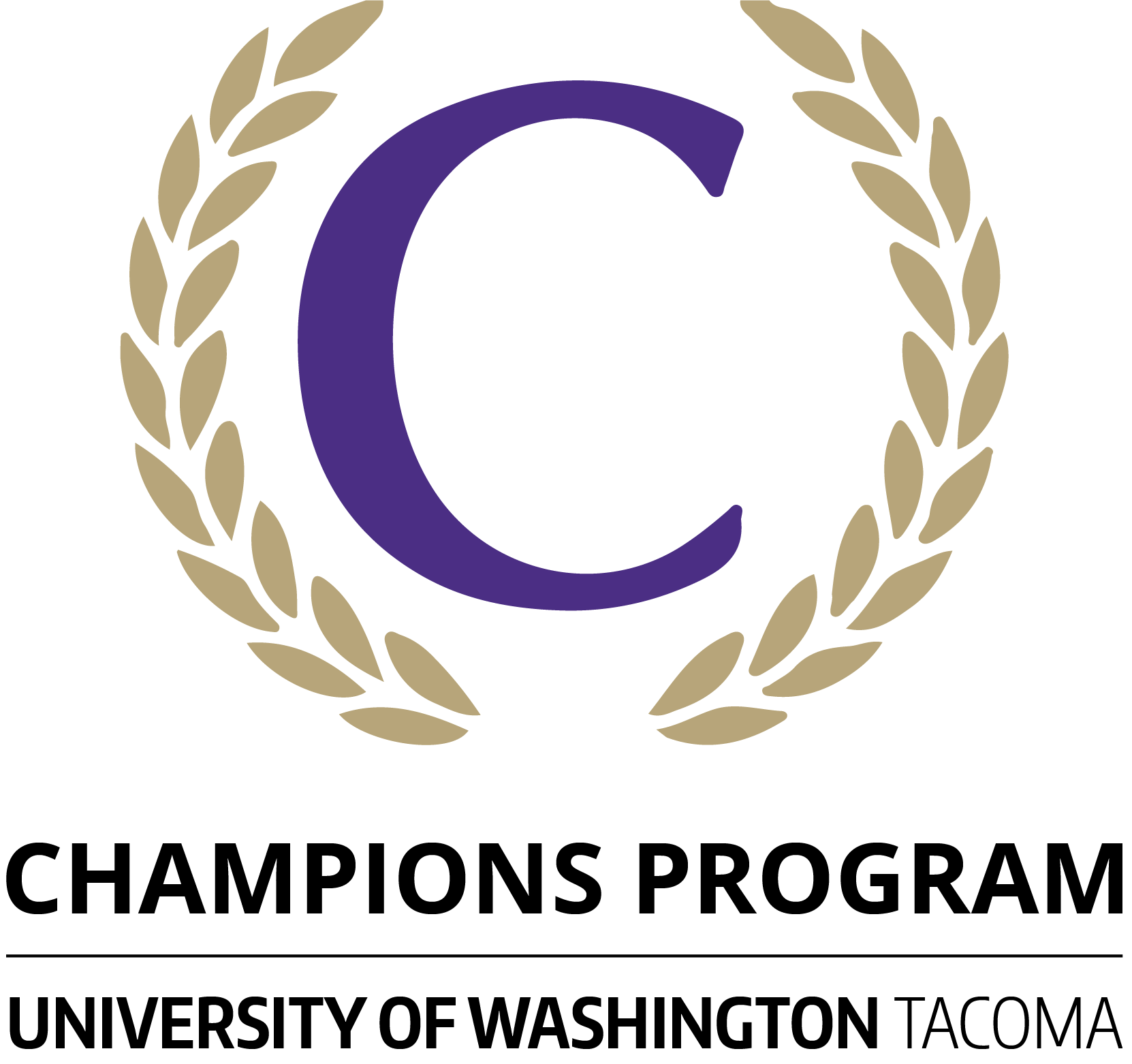 Logo showing the letter C surrounded by laurel leaves. Words say Champions Program University of Washington Tacoma