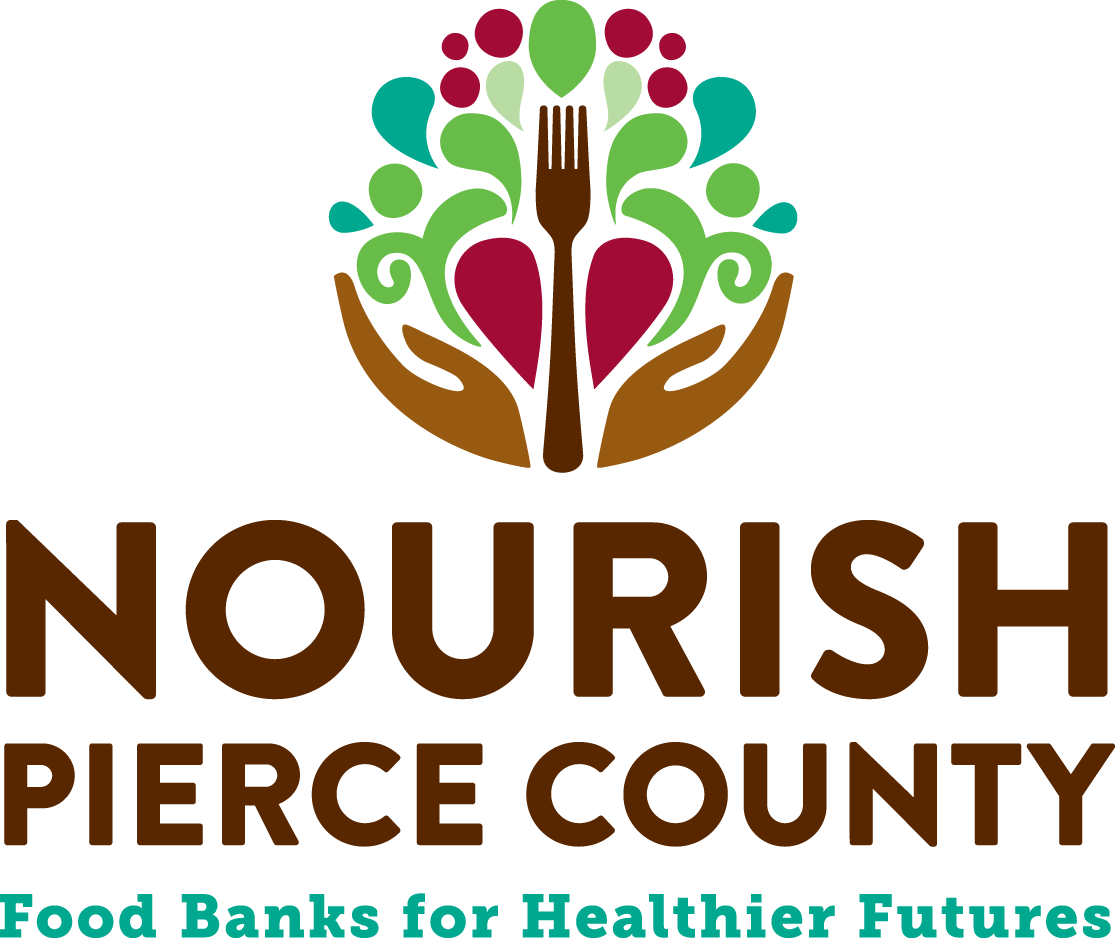 Logo showing graphics of hands holding a heart and fork. With words 'Nourish Pierce County"