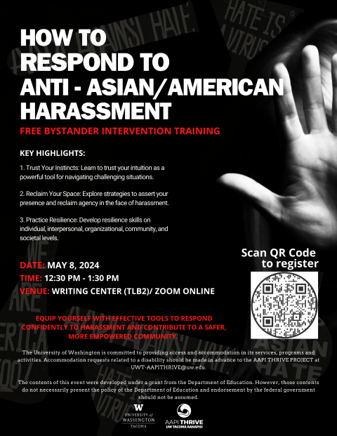 A flyer of an AAPI event on May 8, 2024 titled "How to Respond to Anti-Asian American Harrasment"