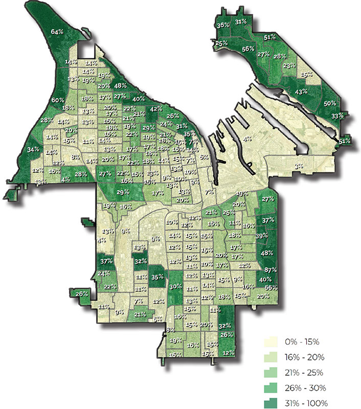 Tree canopy coverage in Tacoma in 2018