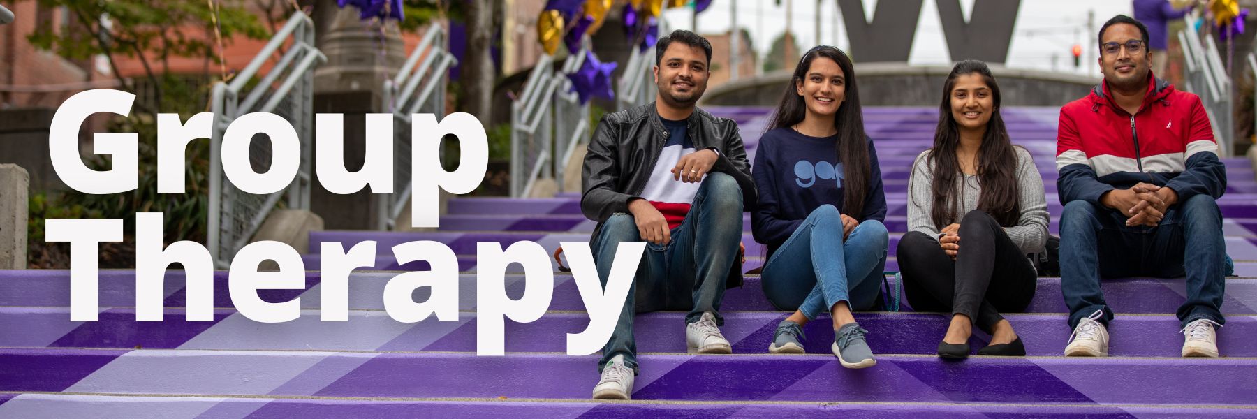 Header image showing students sitting on outdoor stairs with words "Group Therapy"