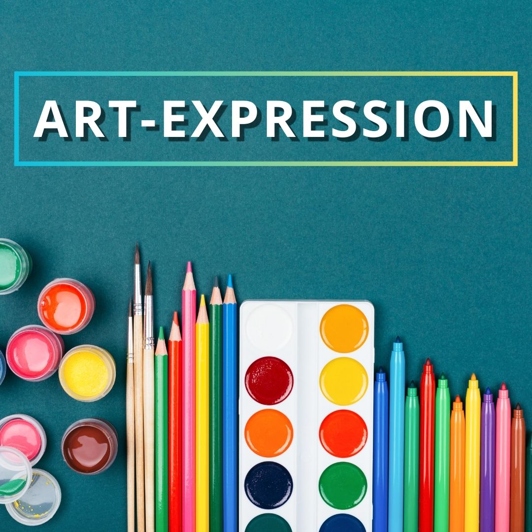 Graphic image showing art supplies and words "Art-Expression" on