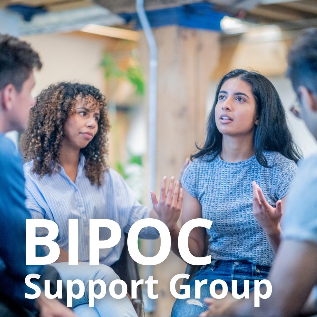 Photo of people talking with words "BIPOC SUpport Group" on top