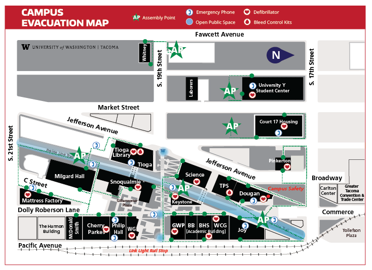 Map of evacuation routes and emergency equipment on campus