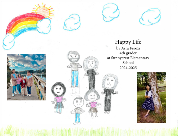 Child's crayon drawing titled 'Happy Life'