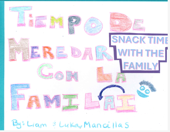 Child's crayon drawing titled 'snack time with the family' or ''Tiempo de meredar con la familai'