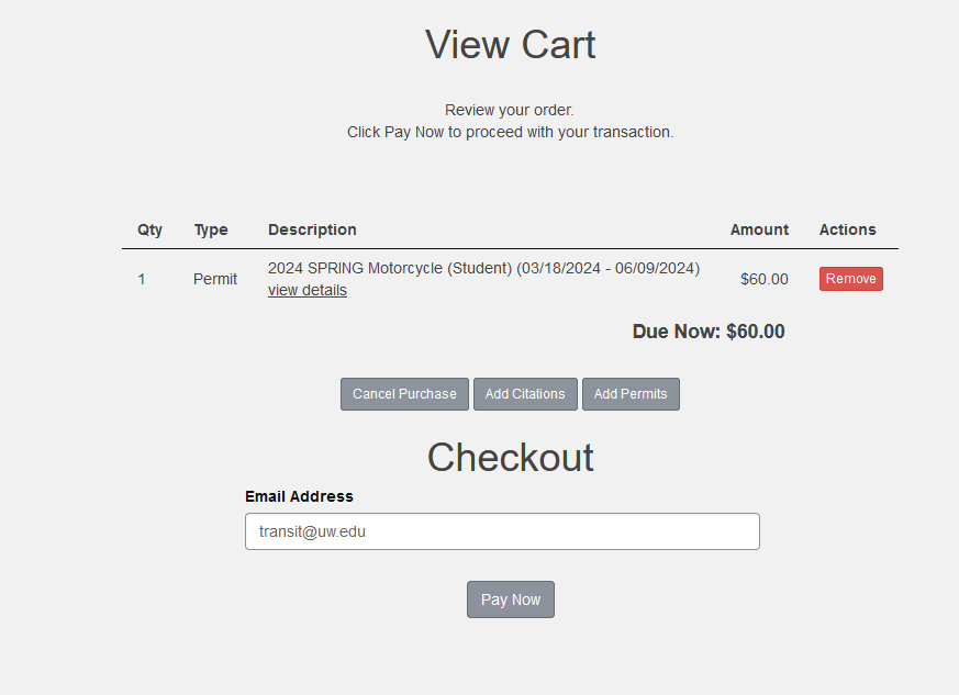 Screenshot of the View Cart screen in the Parking Portal