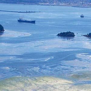 Puget Sound, with tideflats in foreground, islands in midground, oil tanker and docks in background.