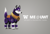 Graphic of a gold and purple robot husky