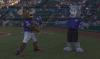 Hendrix the husky mascot with mascot from the Tacoma Rainiers